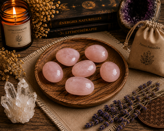 Sachet de 6 pierres roulées en quartz rose naturel présentées sur un plateau en bois dans une ambiance chaleureuse de lithothérapie avec bougie, lavande et cristaux.