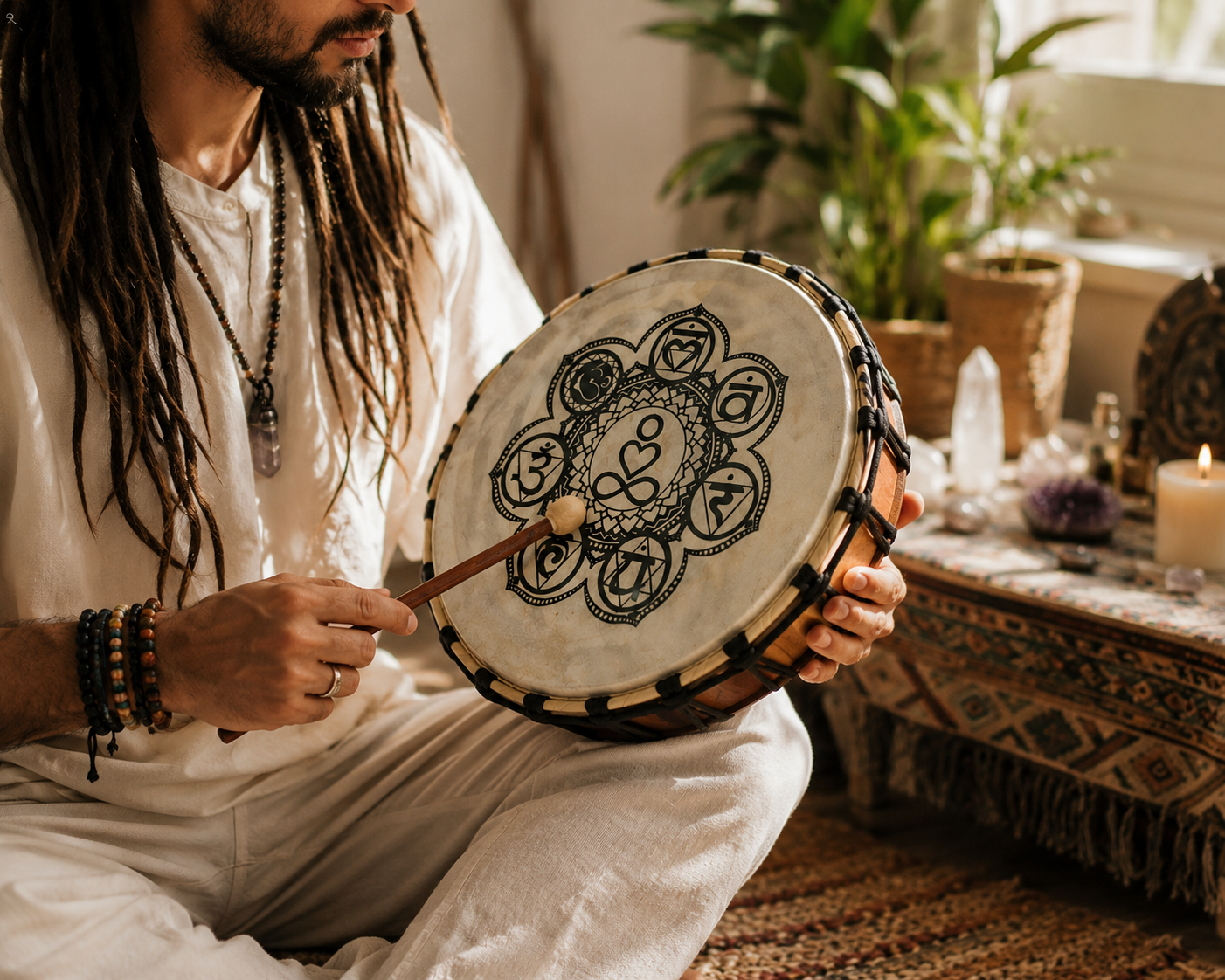 Tambour Chamanique des 7 Chakras • 25 cm avec Baguette