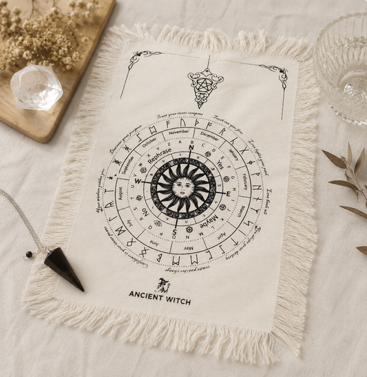 Tissu divinatoire ésotérique avec motif soleil utilisé pour pendule et tarot dans une ambiance spirituelle avec cristaux et accessoires mystiques