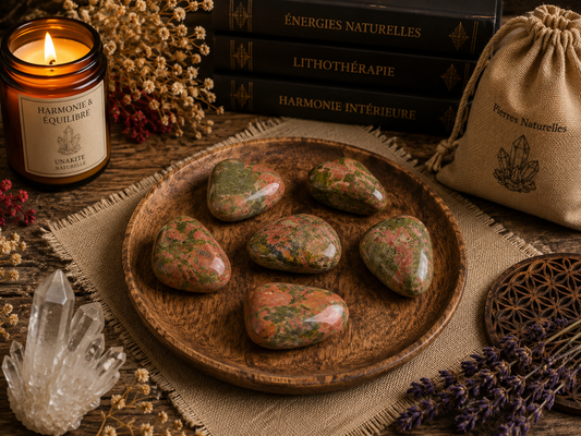Grosse pierre roulée en Unakite naturelle verte et rose tenue entre les doigts – lot de 6 pierres africaines polies pour lithothérapie et décoration