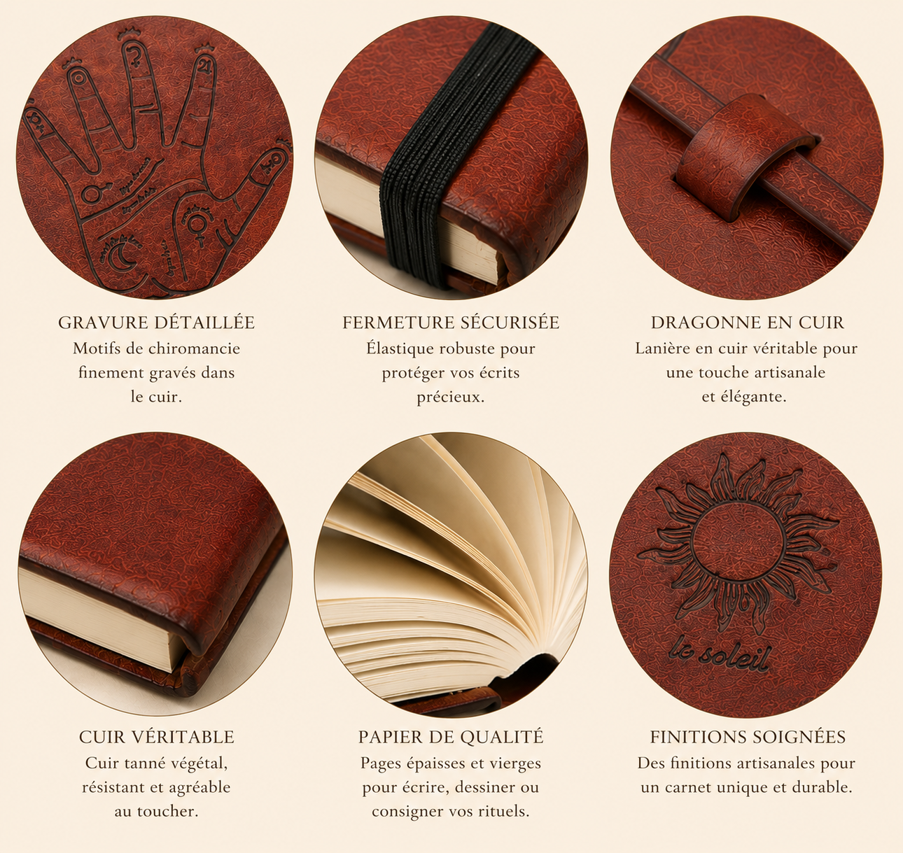Carnet ésotérique en cuir avec détails de gravure chiromancie, dragonne artisanale, papier épais et finitions en cuir véritable sur fond beige.